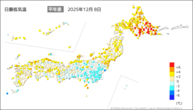 8日の最低気温平年差の分布図