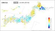 19日の最低気温平年差の分布図