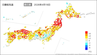 18日の最低気温前日差の分布図