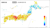 31日の最低気温前日差の分布図