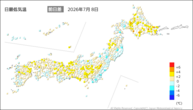 8日の最低気温前日差の分布図