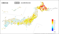 20日の最低気温前日差の分布図