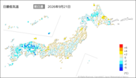 21日の最低気温前日差の分布図