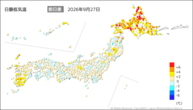 27日の最低気温前日差の分布図