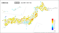 17日の最低気温前日差の分布図