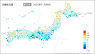 19日の最低気温前日差の分布図
