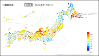 21日の最低気温前日差の分布図