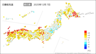7日の最低気温前日差の分布図