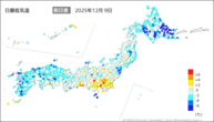 9日の最低気温前日差の分布図