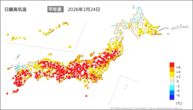 24日の最高気温平年差の分布図