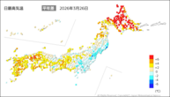 26日の最高気温平年差の分布図
