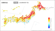 17日の最高気温平年差の分布図