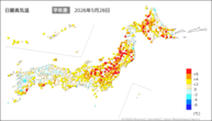 28日の最高気温平年差の分布図