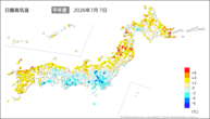 7日の最高気温平年差の分布図