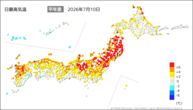 昨日の最高気温平年差の分布図