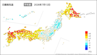 12日の最高気温平年差の分布図