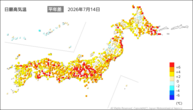 14日の最高気温平年差の分布図