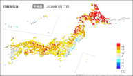 今日の最高気温平年差の分布図