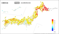 昨日の最高気温平年差の分布図