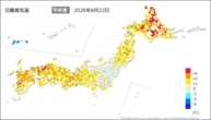 22日の最高気温平年差の分布図