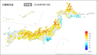 19日の最高気温平年差の分布図