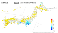 今日の最高気温平年差の分布図