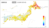 14日の最高気温平年差の分布図