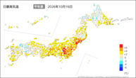 16日の最高気温平年差の分布図