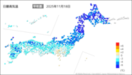 18日の最高気温平年差の分布図