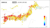 19日の最高気温平年差の分布図