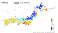 29日の最高気温前日差の分布図