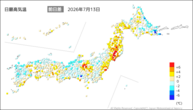13日の最高気温前日差の分布図