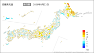 22日の最高気温前日差の分布図