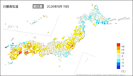 19日の最高気温前日差の分布図