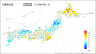 21日の最高気温前日差の分布図