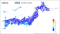 18日の最高気温前日差の分布図