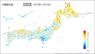19日の最高気温前日差の分布図
