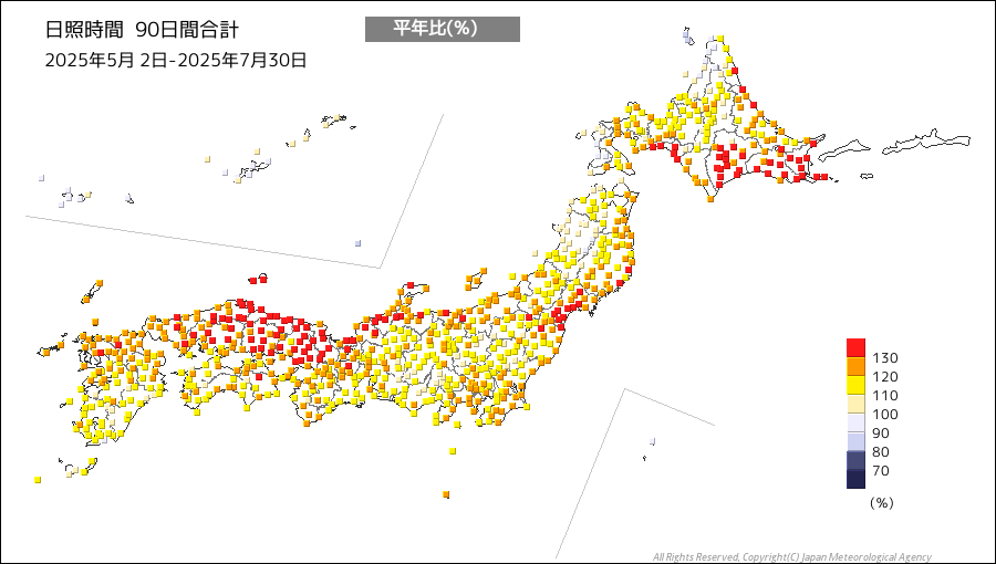 日照時間90日間合計平年比の分布図