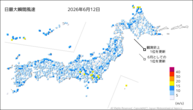 12日の最大瞬間風速の分布図