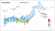 21日の最大瞬間風速の分布図