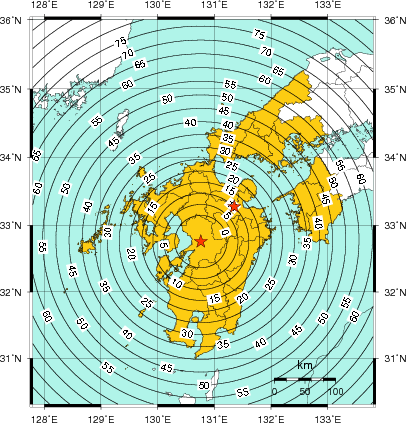 緊急地震速報（警報）第2報を発表した地域及び主要動到達までの時間