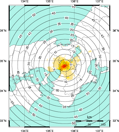緊急地震速報第1報提供から主要動到達までの時間及び推計震度分布図