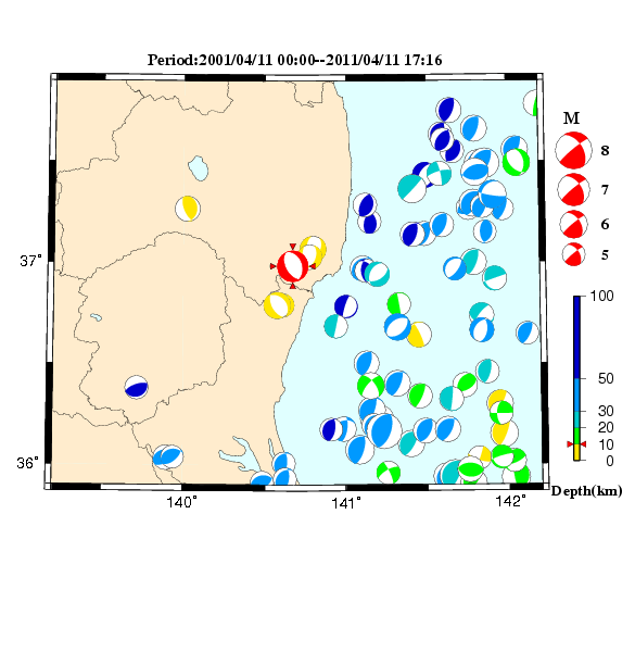過去に起きた地震のCMT解