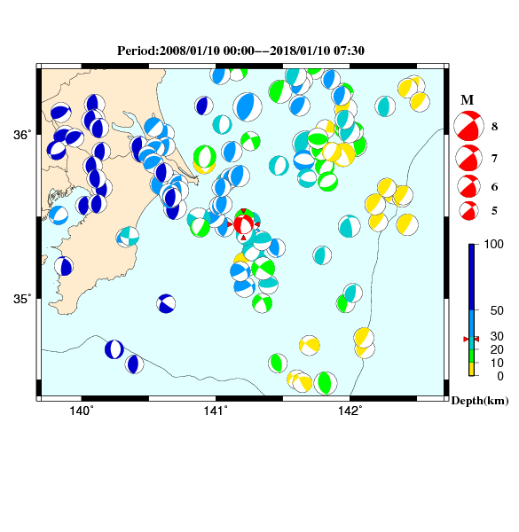 過去に起きた地震のCMT解