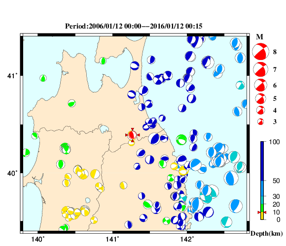過去に起きた地震の初動発震機構解