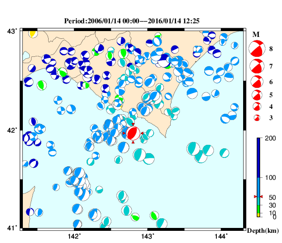 過去に起きた地震の初動発震機構解
