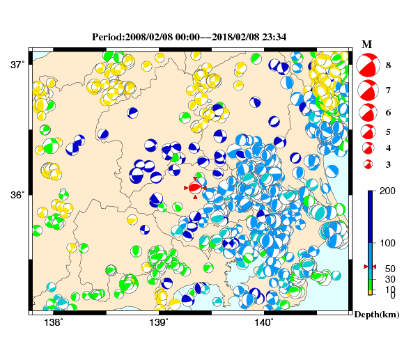 過去に起きた地震の初動発震機構解