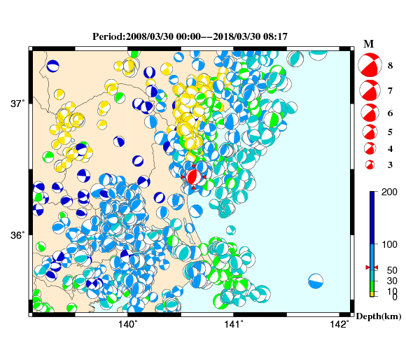 過去に起きた地震の初動発震機構解