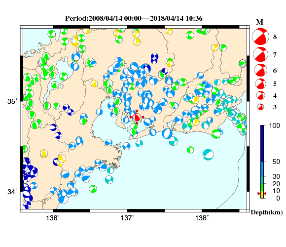 過去に起きた地震の初動発震機構解