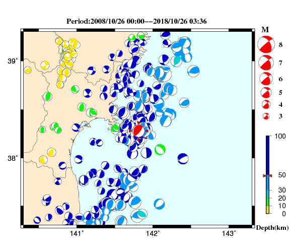 過去に起きた地震の初動発震機構解